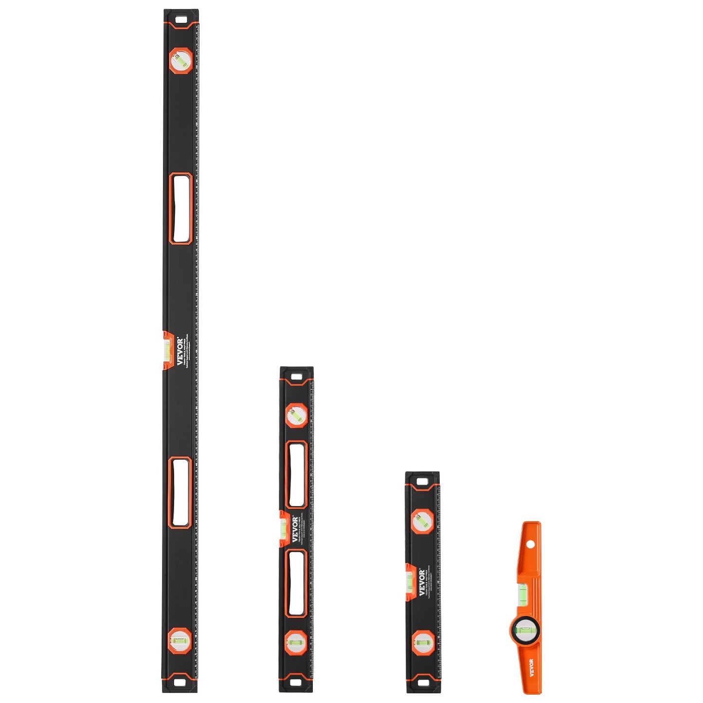 4-teiliges Torpedo-Wasserwaagen-Set, 48/24/16/10 Zoll, komplett magnetisch, mit fluoreszierender Libelle für 45/90/180 Grad, magnetischer Wasserwaagenkasten aus Aluminiumlegierung, SAE- und metrische Skala