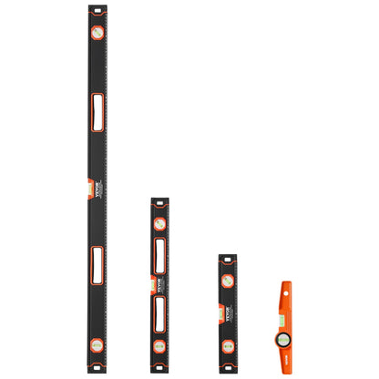 4-teiliges Torpedo-Wasserwaagen-Set, 48/24/16/10 Zoll, komplett magnetisch, mit fluoreszierender Libelle für 45/90/180 Grad, magnetischer Wasserwaagenkasten aus Aluminiumlegierung, SAE- und metrische Skala