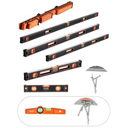 6-teiliges Torpedo-Wasserwaagen-Set, 78/48/32/24/16/10 Zoll Wasserwaagen-Set, Libellen-Lineal für 45/90/180 Grad, stoßfestes magnetisches Nivellierwerkzeug aus Aluminiumlegierung, SAE/Metrische Skala (nur die 10-Zoll-Variante hat einen Magneten)