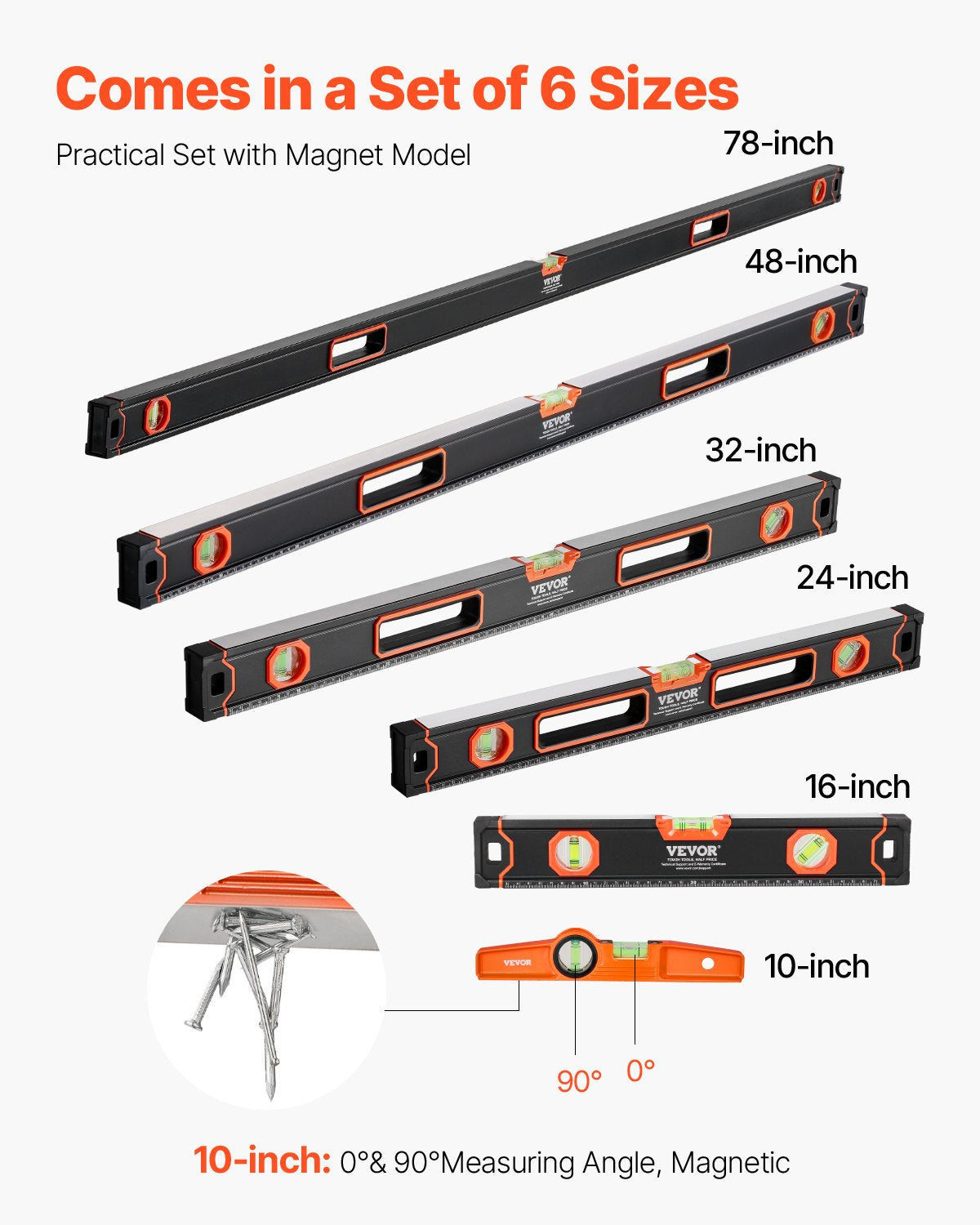 6-teiliges Torpedo-Wasserwaagen-Set, 78/48/32/24/16/10 Zoll Wasserwaagen-Set, Libellen-Lineal für 45/90/180 Grad, stoßfestes magnetisches Nivellierwerkzeug aus Aluminiumlegierung, SAE/Metrische Skala (nur die 10-Zoll-Variante hat einen Magneten)