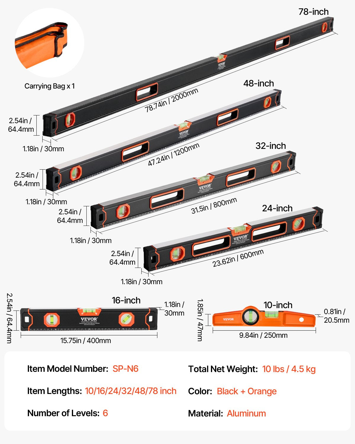 6-teiliges Torpedo-Wasserwaagen-Set, 78/48/32/24/16/10 Zoll Wasserwaagen-Set, Libellen-Lineal für 45/90/180 Grad, stoßfestes magnetisches Nivellierwerkzeug aus Aluminiumlegierung, SAE/Metrische Skala (nur die 10-Zoll-Variante hat einen Magneten)