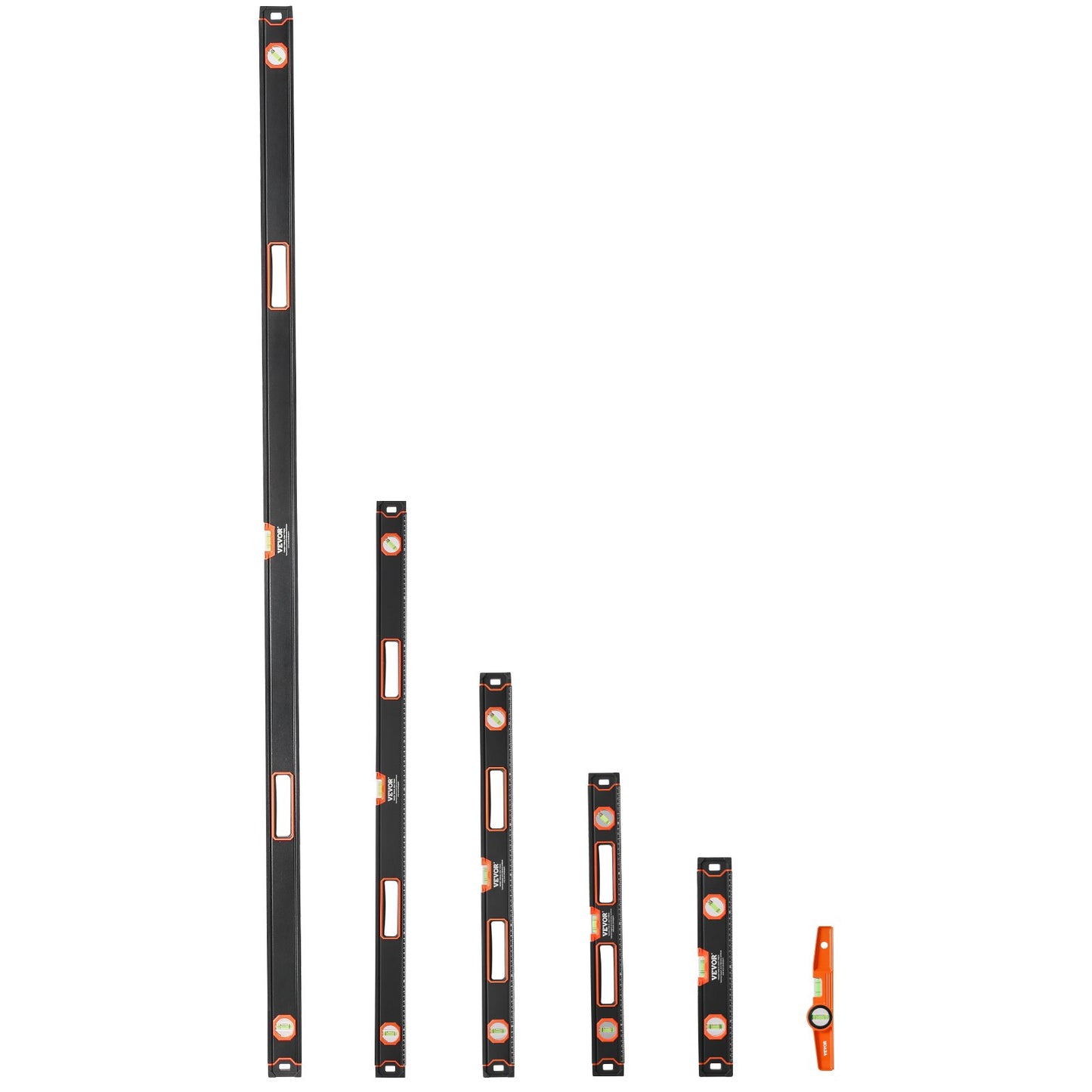 6-teiliges Torpedo-Wasserwaagen-Set, 78/48/32/24/16/10 Zoll Wasserwaagen-Set, Libellen-Lineal für 45/90/180 Grad, stoßfestes magnetisches Nivellierwerkzeug aus Aluminiumlegierung, SAE/Metrische Skala (nur die 10-Zoll-Variante hat einen Magneten)