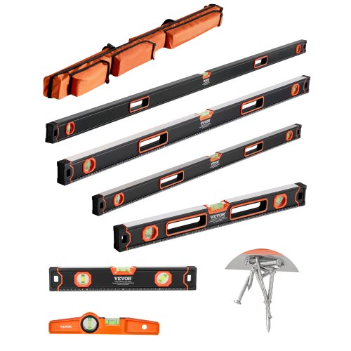 6-teiliges Torpedo-Wasserwaagen-Set, 78/48/32/24/16/10 Zoll, komplett magnetisch, mit Libellen für 45/90/180°-Winkel, magnetischer Wasserwaagenkasten aus Aluminiumlegierung, stoßfest, SAE- und metrische Skala