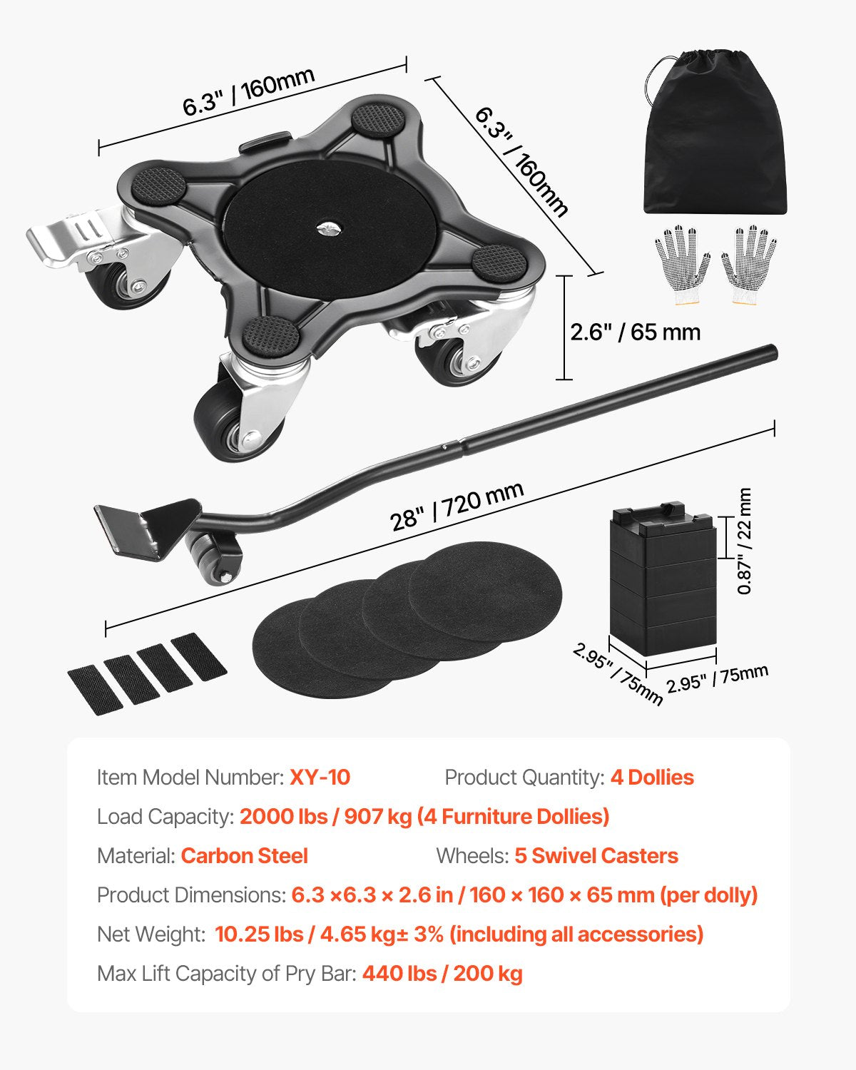 Furniture Dolly, Maximum Load 1200 lbs, Heavy Duty Furniture Movers with 5 360° Rotation Wheels, Carbon Steel Panel, Furniture Lift Slider Tool Set for Appliances, Sofa, Fridge, Washing Machine