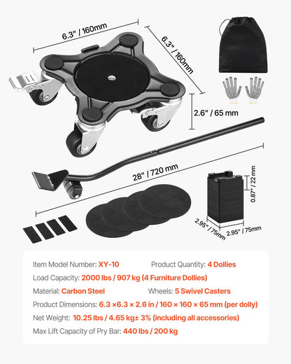 Furniture Dolly, Maximum Load 1200 lbs, Heavy Duty Furniture Movers with 5 360° Rotation Wheels, Carbon Steel Panel, Furniture Lift Slider Tool Set for Appliances, Sofa, Fridge, Washing Machine