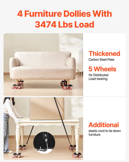 Furniture Dolly, Maximum Load 3474 lbs, Heavy Duty Furniture Movers with 5 360° Rotation Wheels, Carbon Steel Panel, Furniture Lift Slider Tool Set for Appliances, Sofa, Fridge, Washing Machine