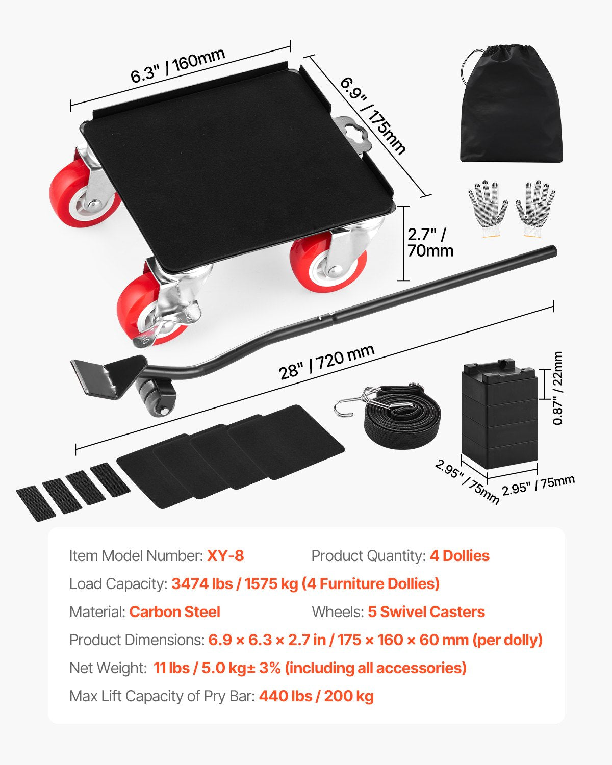 Furniture Dolly, Maximum Load 3474 lbs, Heavy Duty Furniture Movers with 5 360° Rotation Wheels, Carbon Steel Panel, Furniture Lift Slider Tool Set for Appliances, Sofa, Fridge, Washing Machine