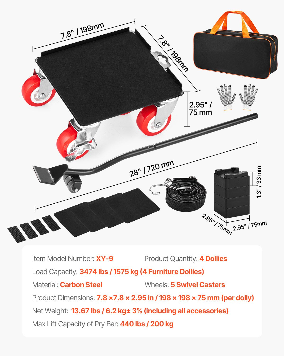Möbelroller, maximale Traglast 1580 kg, Schwerlast-Möbeltransporter mit 5 um 360° drehbaren Rädern, Karbonstahlplatte, Möbellift- und Gleitwerkzeug-Set für Haushaltsgeräte, Sofa, Kühlschrank, Waschmaschine