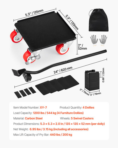 Möbelroller, maximale Traglast 544 kg, Schwerlast-Möbeltransporter mit 5 um 360° drehbaren Rädern, Karbonstahlplatte, Möbellift- und Gleitwerkzeug-Set für Haushaltsgeräte, Sofa, Kühlschrank, Waschmaschine