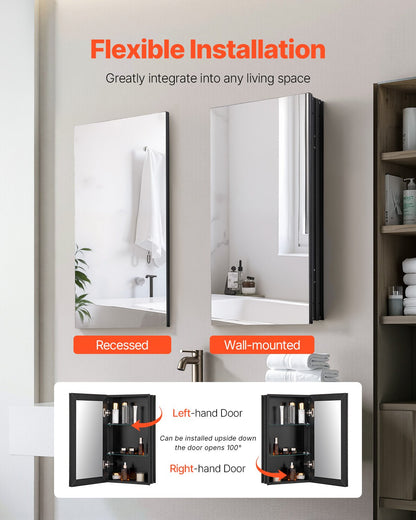 Medicine Cabinet, 14 x 24 inches, Medicine Cabinet for Bathroom with Mirror, Aluminum Frame Bathroom Wall Cabinet, 2-layer Adjustable Shelves, Recessed & Wall-mounted Installation