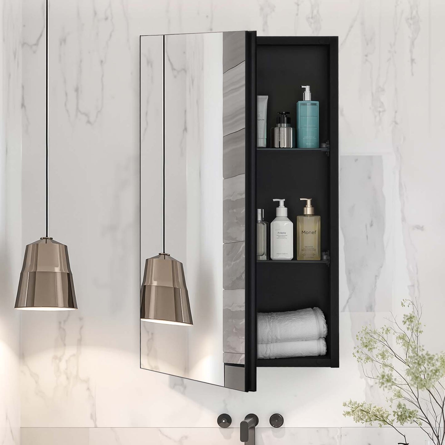 Medicine Cabinet, 14 x 24 inches, Medicine Cabinet for Bathroom with Mirror, Aluminum Frame Bathroom Wall Cabinet, 2-layer Adjustable Shelves, Recessed & Wall-mounted Installation