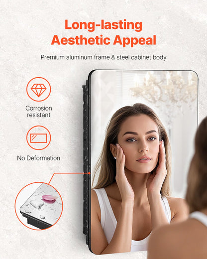 Medicine Cabinet, 16 x 24 inch, Medicine Cabinet for Bathroom with Mirror, Aluminum Frame Bathroom Wall Cabinet, 2-layer Adjustable Shelves, Recessed & Wall-mounted Installation