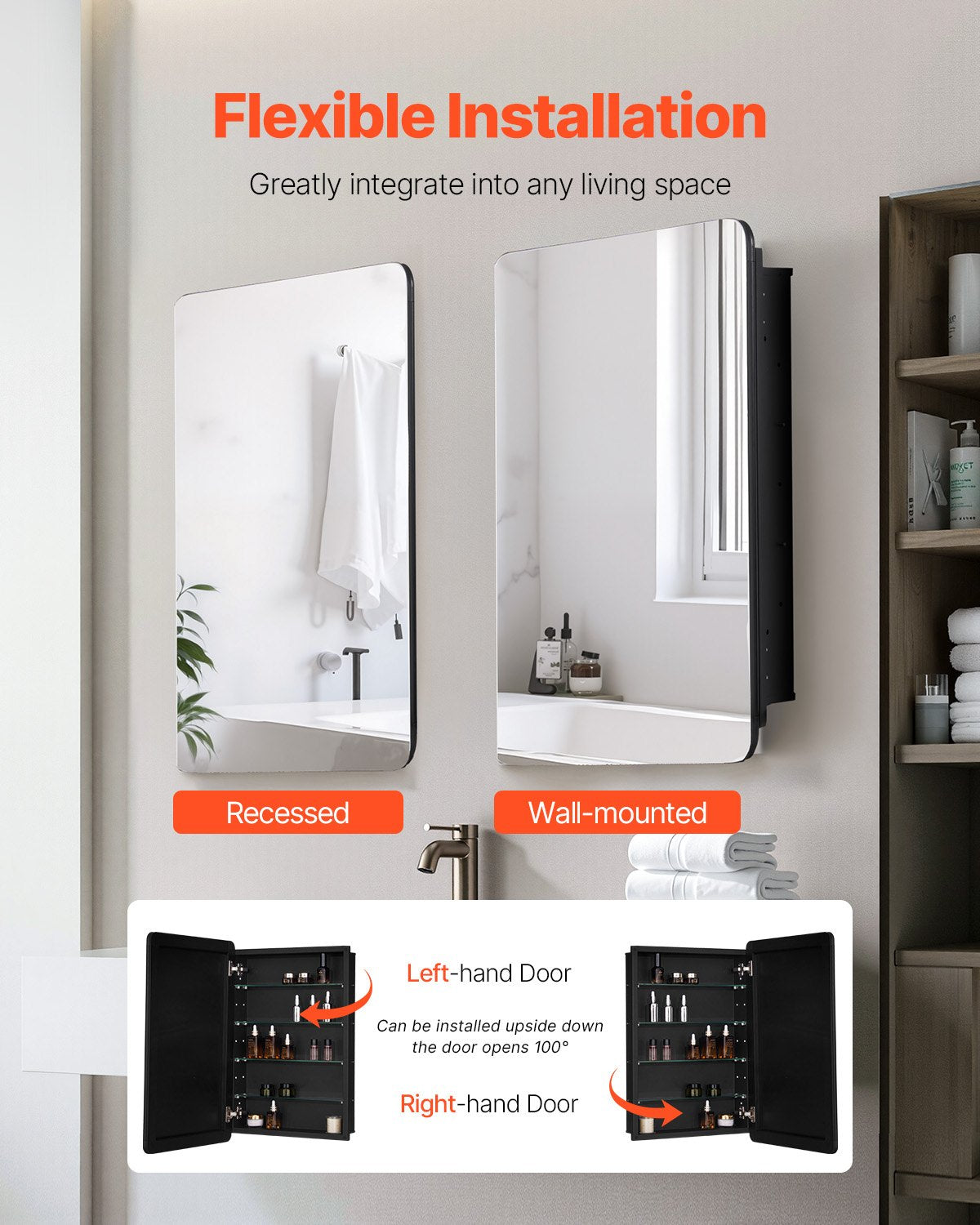 Medicine Cabinet, 20 x 30 inch, Medicine Cabinet for Bathroom with Mirror, Aluminum Frame Bathroom Wall Cabinet, 4-layer Adjustable Shelves, Recessed & Wall-mounted Installation