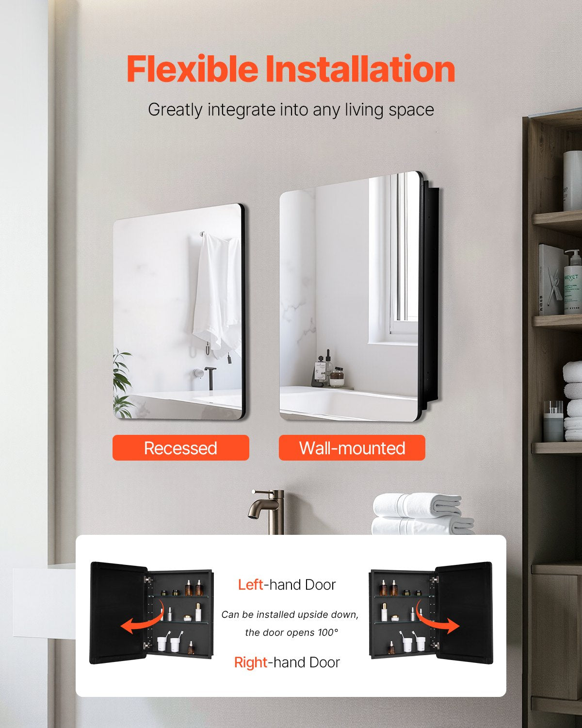 Medicine Cabinet, 24 x 30 inch, Medicine Cabinet for Bathroom with Mirror, Aluminum Frame Bathroom Wall Cabinet, 2-layer Adjustable Shelves, Recessed & Wall-mounted Installation