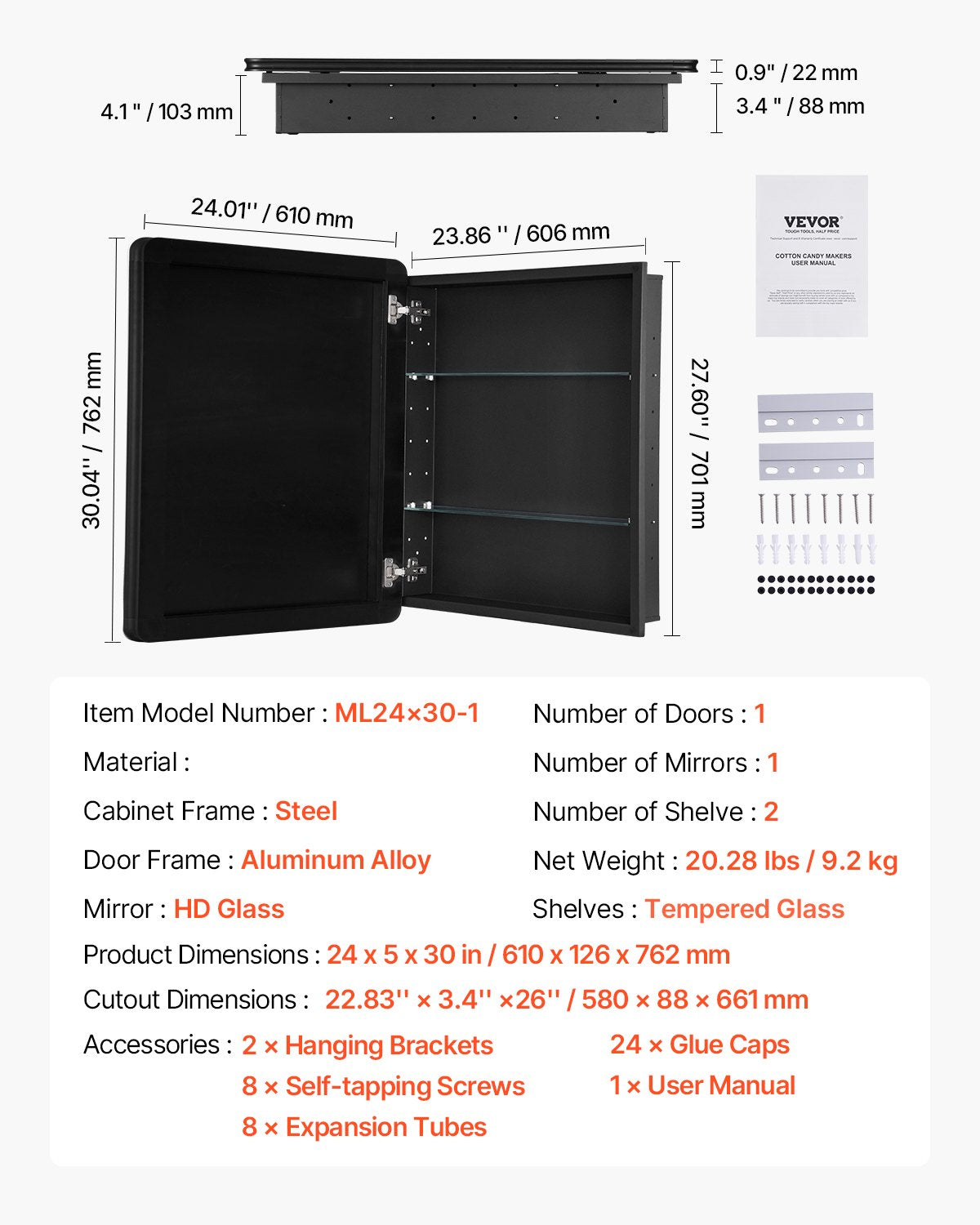 Medicine Cabinet, 24 x 30 inch, Medicine Cabinet for Bathroom with Mirror, Aluminum Frame Bathroom Wall Cabinet, 2-layer Adjustable Shelves, Recessed & Wall-mounted Installation