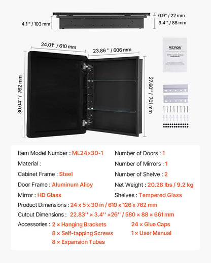 Medicine Cabinet, 24 x 30 inch, Medicine Cabinet for Bathroom with Mirror, Aluminum Frame Bathroom Wall Cabinet, 2-layer Adjustable Shelves, Recessed & Wall-mounted Installation