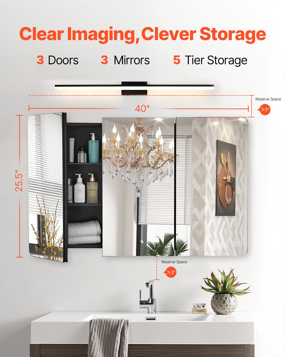 Medicine Cabinet, 25.5 x 40 inch, Medicine Cabinet for Bathroom with Mirror, Aluminum Frame Bathroom Wall Cabinet, 4-layer Adjustable Shelves, Recessed & Wall-mounted Installation