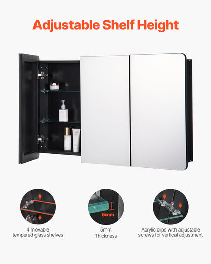 Medicine Cabinet, 25.5 x 40 inch, Medicine Cabinet for Bathroom with Mirror, Aluminum Frame Bathroom Wall Cabinet, 4-layer Adjustable Shelves, Recessed & Wall-mounted Installation