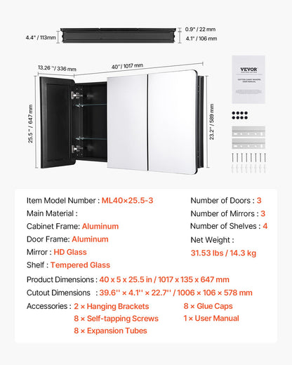 Medicine Cabinet, 25.5 x 40 inch, Medicine Cabinet for Bathroom with Mirror, Aluminum Frame Bathroom Wall Cabinet, 4-layer Adjustable Shelves, Recessed & Wall-mounted Installation