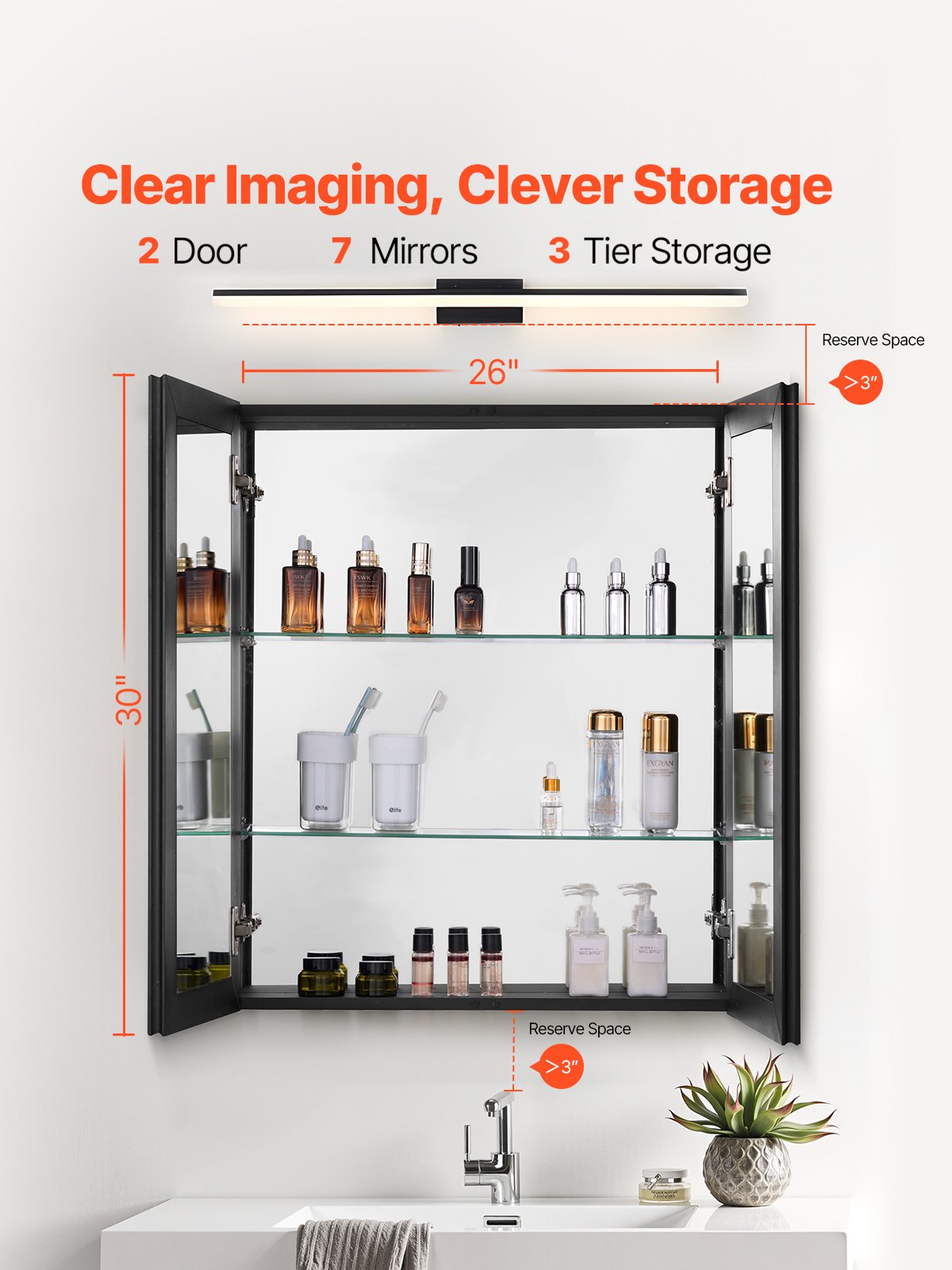 Medicine Cabinet, 26 x 30 inch, Medicine Cabinet for Bathroom with Mirror, Aluminum Frame Bathroom Wall Cabinet, 2-layer Adjustable Shelves, Recessed & Wall-mounted Installation