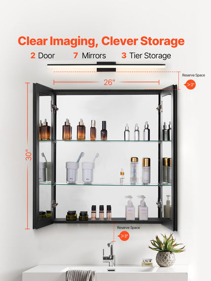 Medicine Cabinet, 26 x 30 inch, Medicine Cabinet for Bathroom with Mirror, Aluminum Frame Bathroom Wall Cabinet, 2-layer Adjustable Shelves, Recessed & Wall-mounted Installation