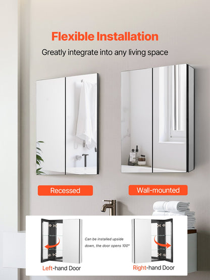 Medicine Cabinet, 26 x 30 inch, Medicine Cabinet for Bathroom with Mirror, Aluminum Frame Bathroom Wall Cabinet, 2-layer Adjustable Shelves, Recessed & Wall-mounted Installation