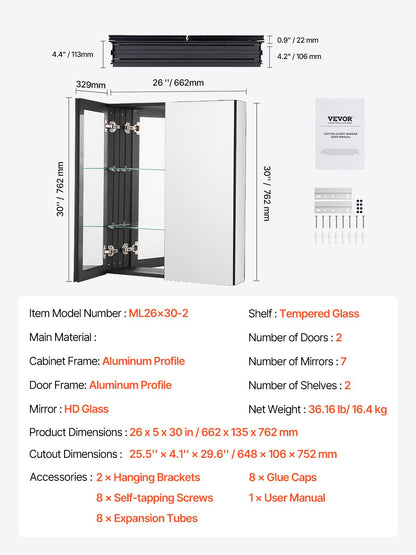 Medicine Cabinet, 26 x 30 inch, Medicine Cabinet for Bathroom with Mirror, Aluminum Frame Bathroom Wall Cabinet, 2-layer Adjustable Shelves, Recessed & Wall-mounted Installation