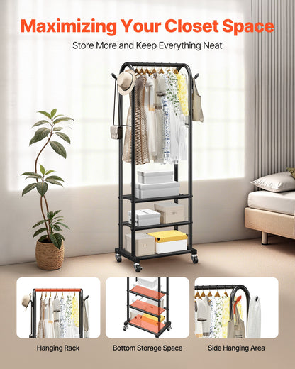 Clothes Rack, Rolling Clothing Garment Rack with Hanging Rod and Side Hooks, 3 Storage Shelves, 45 kg Load Capacity, Heavy Duty Carbon Steel Clothing Racks for Bedroom, Laundry, Living Room