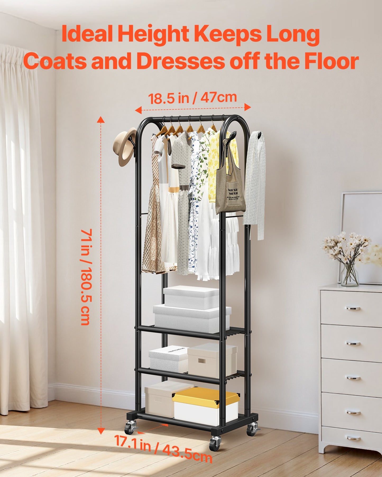 Clothes Rack, Rolling Clothing Garment Rack with Hanging Rod and Side Hooks, 3 Storage Shelves, 45 kg Load Capacity, Heavy Duty Carbon Steel Clothing Racks for Bedroom, Laundry, Living Room