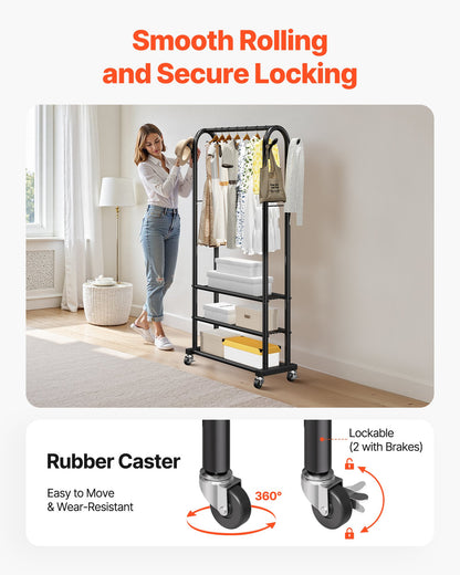 Clothes Rack, Rolling Clothing Garment Rack with Hanging Rod and Side Hooks, 3 Storage Shelves, 45 kg Load Capacity, Heavy Duty Carbon Steel Clothing Racks for Bedroom, Laundry, Living Room