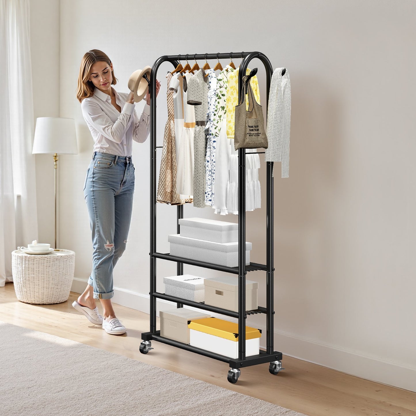 Clothes Rack, Rolling Clothing Garment Rack with Hanging Rod and Side Hooks, 3 Storage Shelves, 45 kg Load Capacity, Heavy Duty Carbon Steel Clothing Racks for Bedroom, Laundry, Living Room