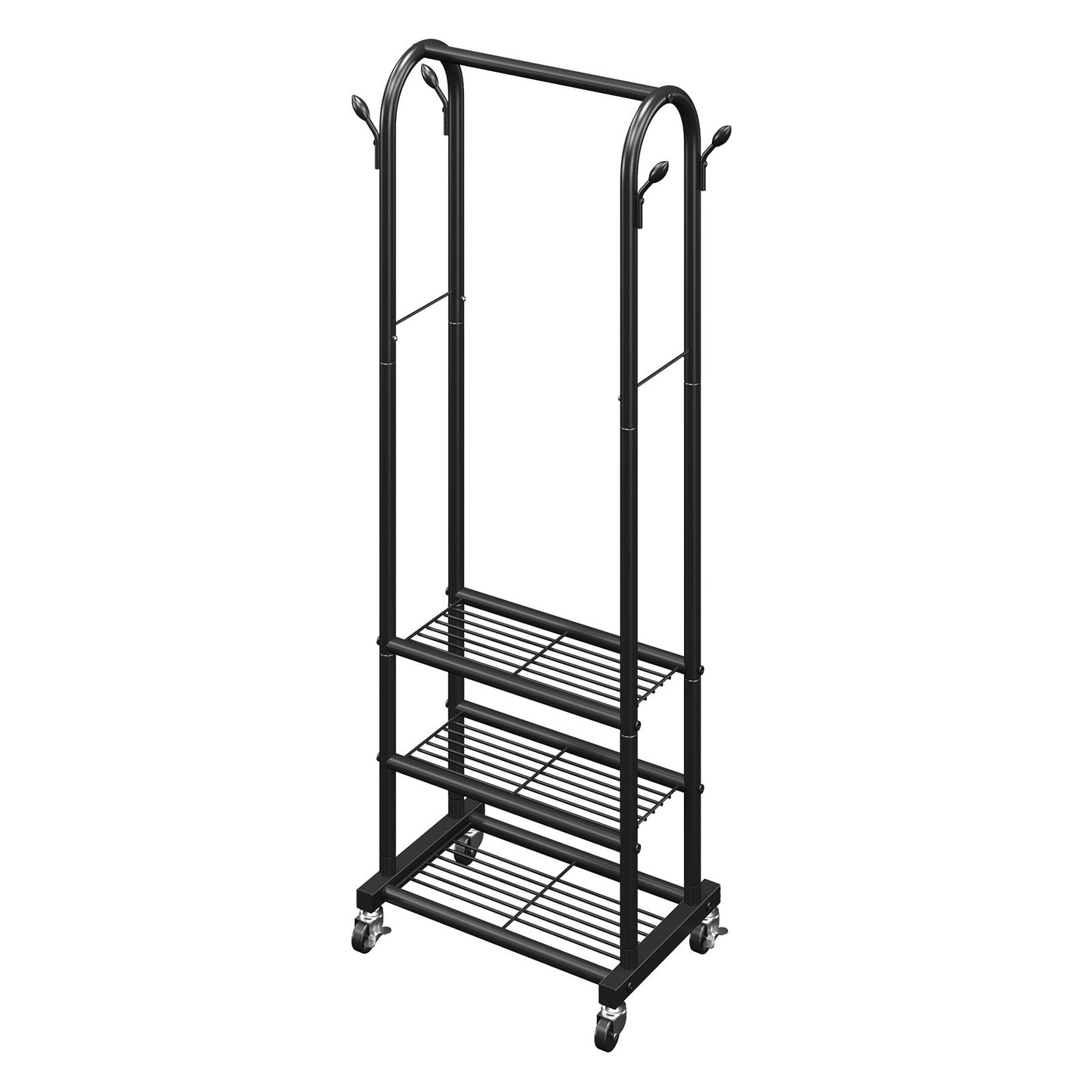 Clothes Rack, Rolling Clothing Garment Rack with Hanging Rod and Side Hooks, 3 Storage Shelves, 45 kg Load Capacity, Heavy Duty Carbon Steel Clothing Racks for Bedroom, Laundry, Living Room