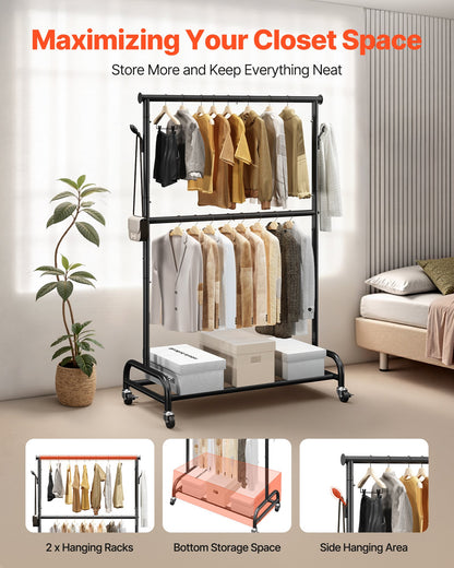 Kleiderständer, rollbarer Kleiderständer mit verstellbarer Querstange und seitlichen Haken, Tragkraft 68 kg, robuster Kleiderständer aus Kohlenstoffstahl mit Rollen für Schlafzimmer, Waschküche, Wohnzimmer