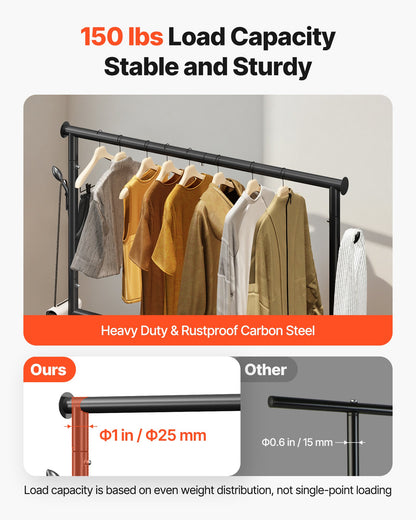 Kleiderständer, rollbarer Kleiderständer mit verstellbarer Querstange und seitlichen Haken, Tragkraft 68 kg, robuster Kleiderständer aus Kohlenstoffstahl mit Rollen für Schlafzimmer, Waschküche, Wohnzimmer