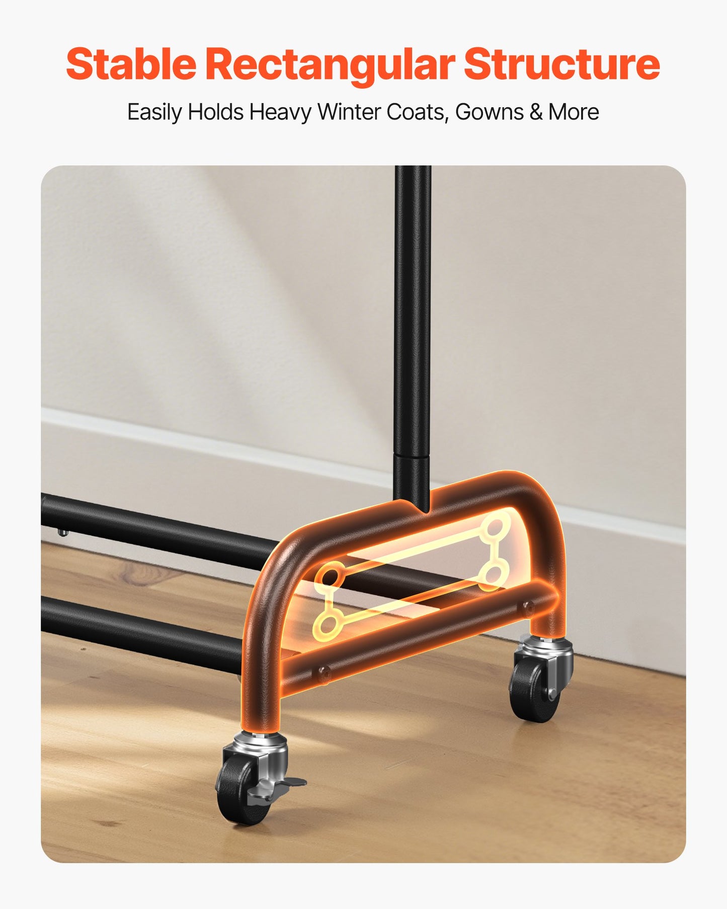 Kleiderständer, rollbarer Kleiderständer mit verstellbarer Querstange und seitlichen Haken, Tragkraft 68 kg, robuster Kleiderständer aus Kohlenstoffstahl mit Rollen für Schlafzimmer, Waschküche, Wohnzimmer