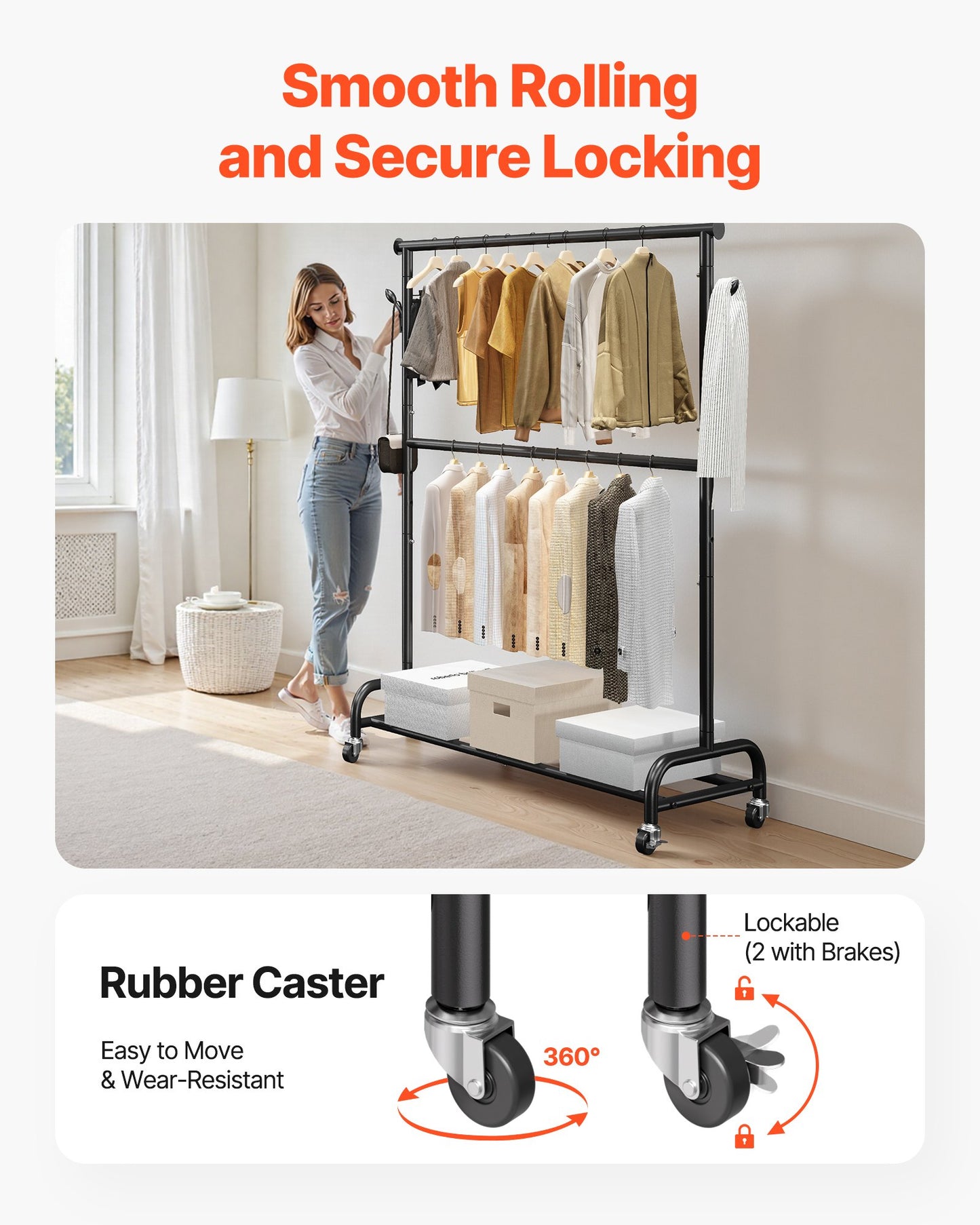 Kleiderständer, rollbarer Kleiderständer mit verstellbarer Querstange und seitlichen Haken, Tragkraft 68 kg, robuster Kleiderständer aus Kohlenstoffstahl mit Rollen für Schlafzimmer, Waschküche, Wohnzimmer