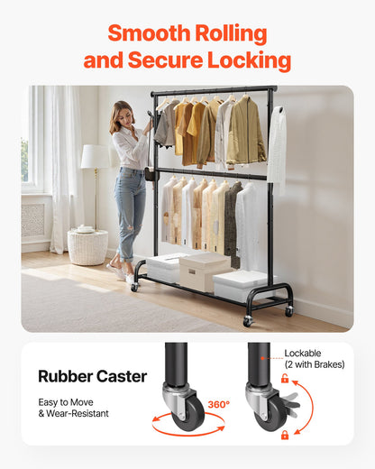 Kleiderständer, rollbarer Kleiderständer mit verstellbarer Querstange und seitlichen Haken, Tragkraft 68 kg, robuster Kleiderständer aus Kohlenstoffstahl mit Rollen für Schlafzimmer, Waschküche, Wohnzimmer