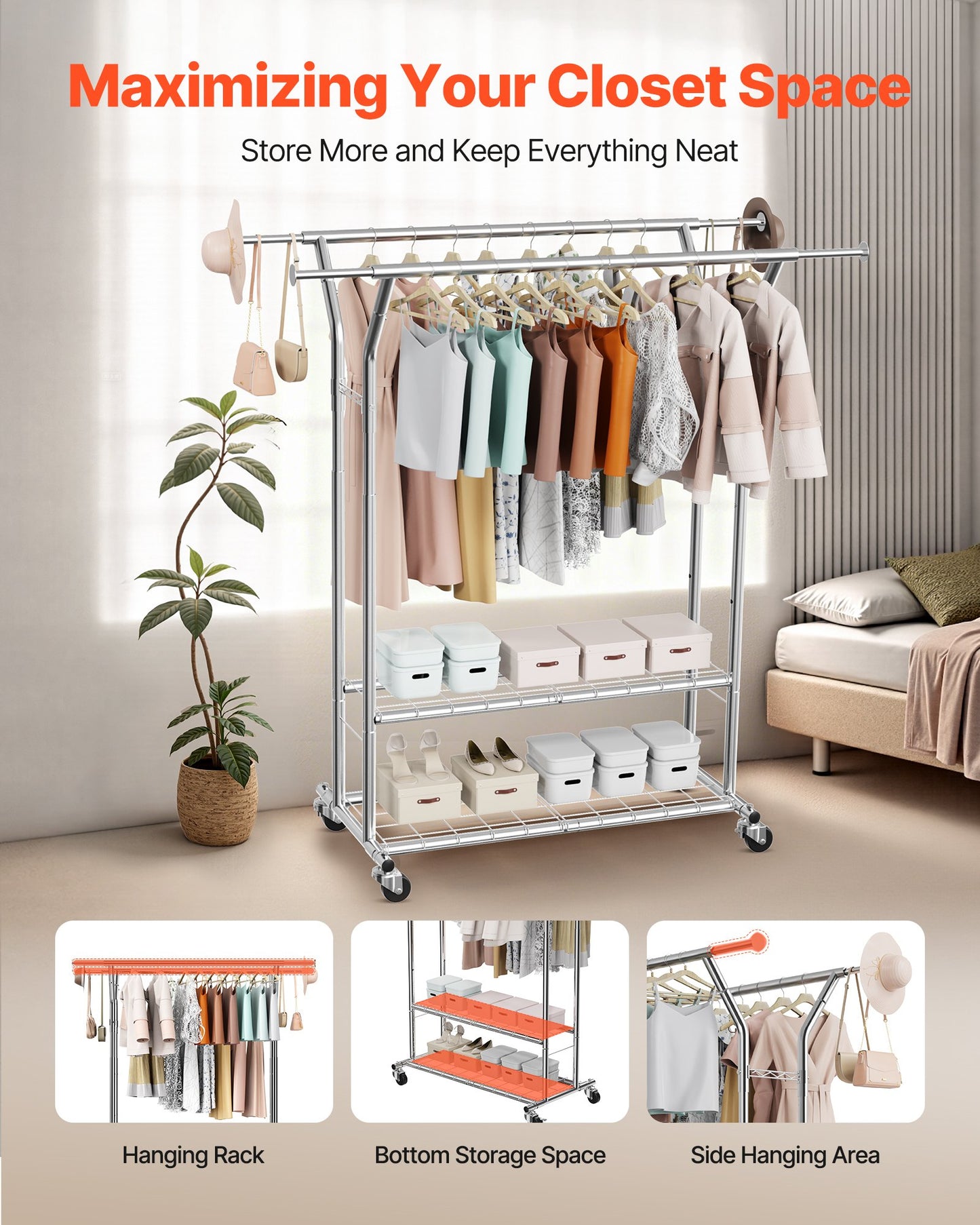 Clothes Rack, Rolling Clothing Garment Rack with 2 Hanging Rods and 2 Storage Shelves, 120 kg Load Capacity, Adjustable Height Carbon Steel Clothing Racks for Bedroom, Laundry, Living Room