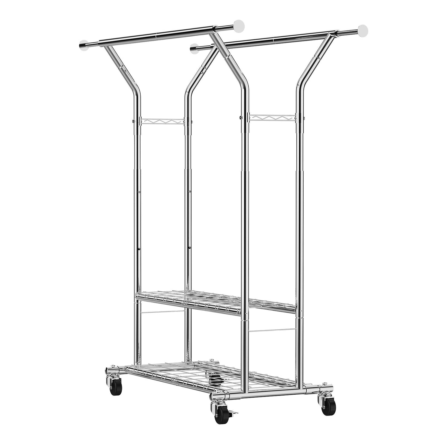 Clothes Rack, Rolling Clothing Garment Rack with 2 Hanging Rods and 2 Storage Shelves, 120 kg Load Capacity, Adjustable Height Carbon Steel Clothing Racks for Bedroom, Laundry, Living Room