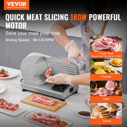 Meat Slicer, 180W Electric Deli Food Slicer with 19.1 cm SUS420 Stainless Steel Blade and Blade Guard, 0 - 1.5 cm Adjustable Thickness for Home Use, Easy to Clean, Cut Meat, Bread, Ham and Cheese