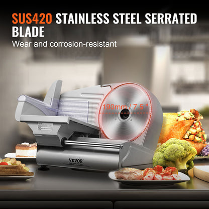 Meat Slicer, 180W Electric Deli Food Slicer with 19.1 cm SUS420 Stainless Steel Blade and Blade Guard, 0 - 1.5 cm Adjustable Thickness for Home Use, Easy to Clean, Cut Meat, Bread, Ham and Cheese