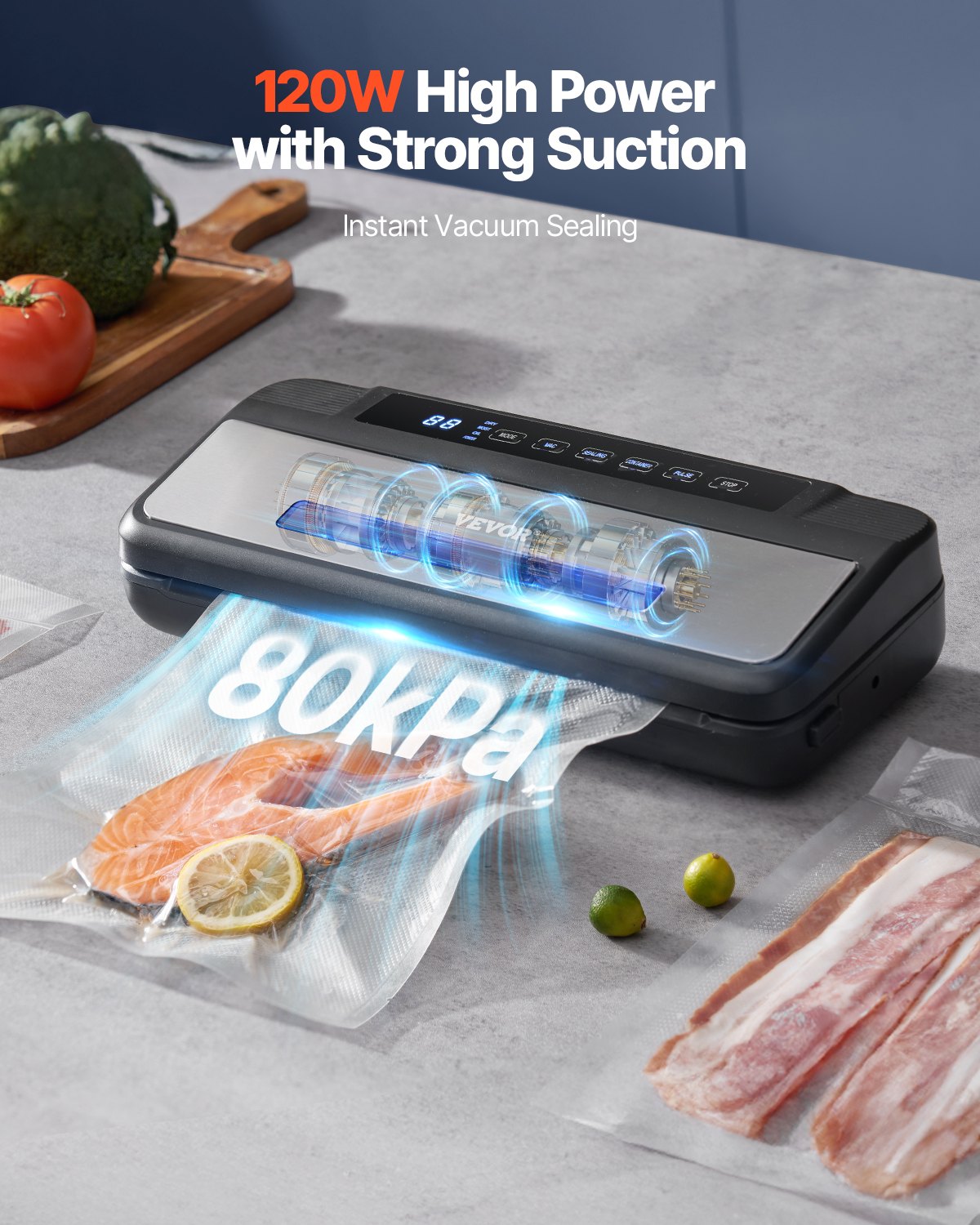 Vacuum Sealer Machine, 80Kpa 120W Powerful Compact Food Sealer, 7-in-1 Multi-Functional Food Vacuum Sealer, Automatic Air Sealing System with Built-in Cutter with 10 Vacuum Bags & 1 Bag Roll