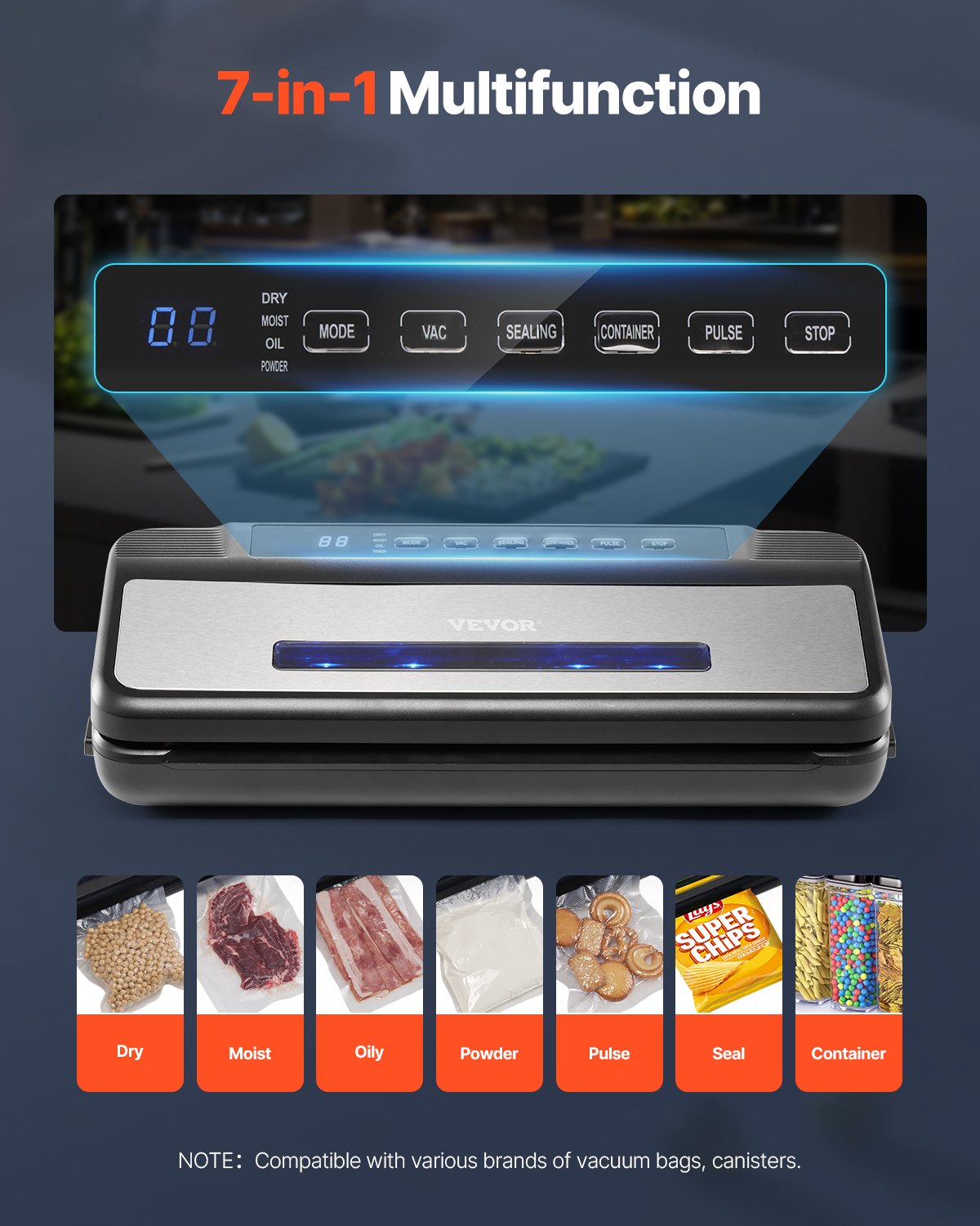 Vacuum Sealer Machine, 80Kpa 120W Powerful Compact Food Sealer, 7-in-1 Multi-Functional Food Vacuum Sealer, Automatic Air Sealing System with Built-in Cutter with 10 Vacuum Bags & 1 Bag Roll