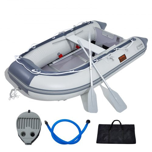 Inflatable Dinghy Boat, 4-Person Transom Sport Tender Boat, with Marine Wood Floor and Adjustable Aluminum Bench, 1000 lbs Inflatable Fishing Boat Raft, Aluminum Oars, Air Pump, and Carry Bag