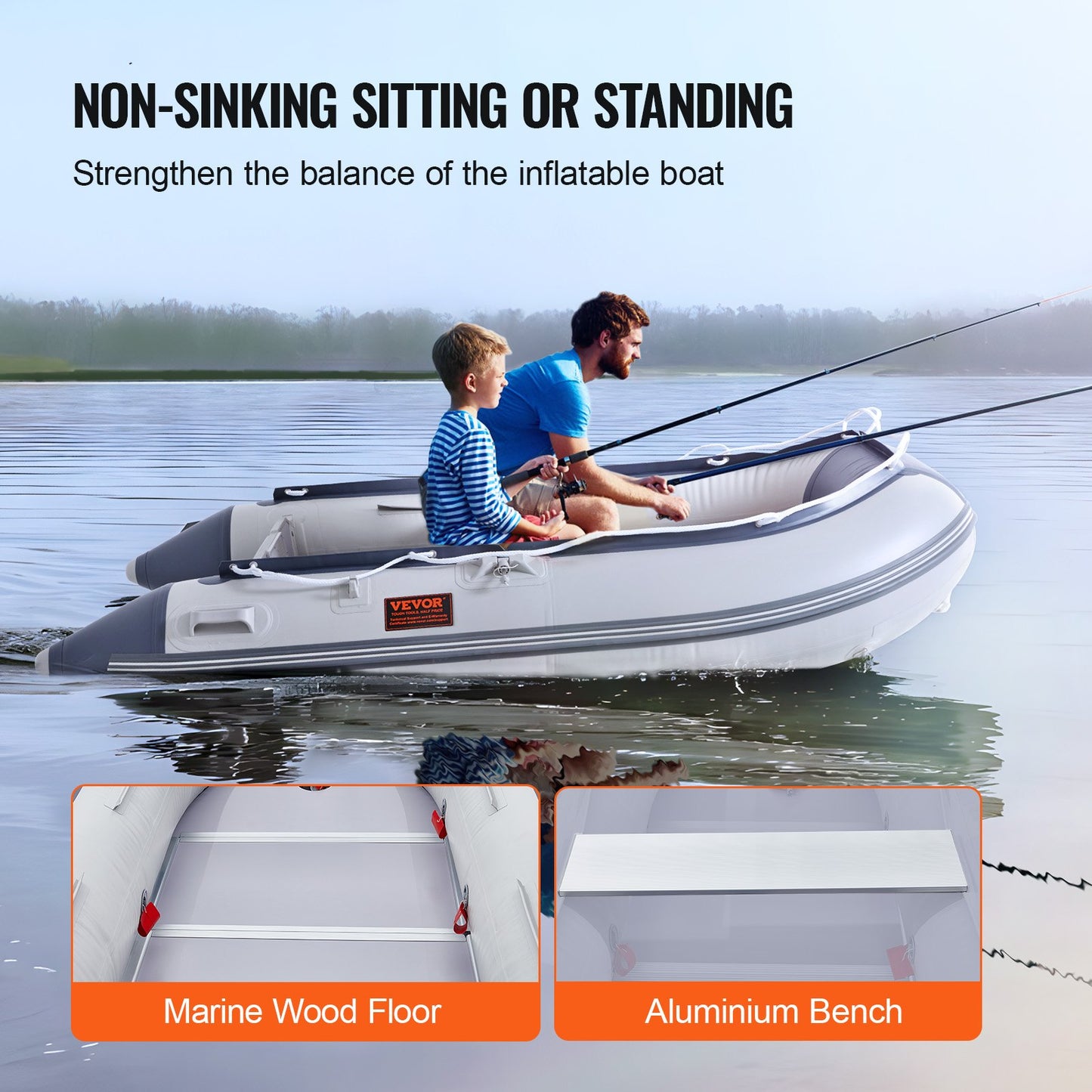 Inflatable Dinghy Boat, 4-Person Transom Sport Tender Boat, with Marine Wood Floor and Adjustable Aluminum Bench, 1000 lbs Inflatable Fishing Boat Raft, Aluminum Oars, Air Pump, and Carry Bag