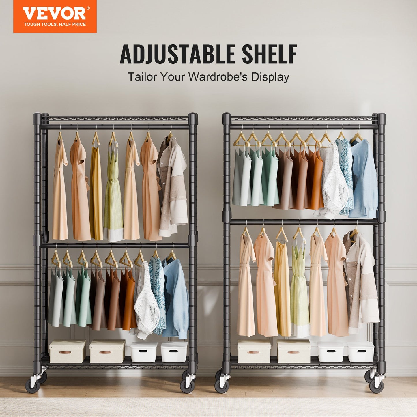 Heavy Duty Clothes Rack, Double Hanging Rods Clothing Garment Rack with Bottom and Top Storage Tier, Rolling Clothing Rack for Hanging Clothes, 2.5cm Diameter Thicken Steel Tube Hold Up to 136.1kg