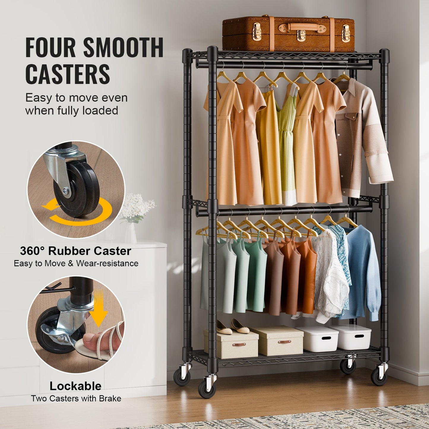 Heavy Duty Clothes Rack, Double Hanging Rods Clothing Garment Rack with Bottom and Top Storage Tier, Rolling Clothing Rack for Hanging Clothes, 2.5cm Diameter Thicken Steel Tube Hold Up to 136.1kg