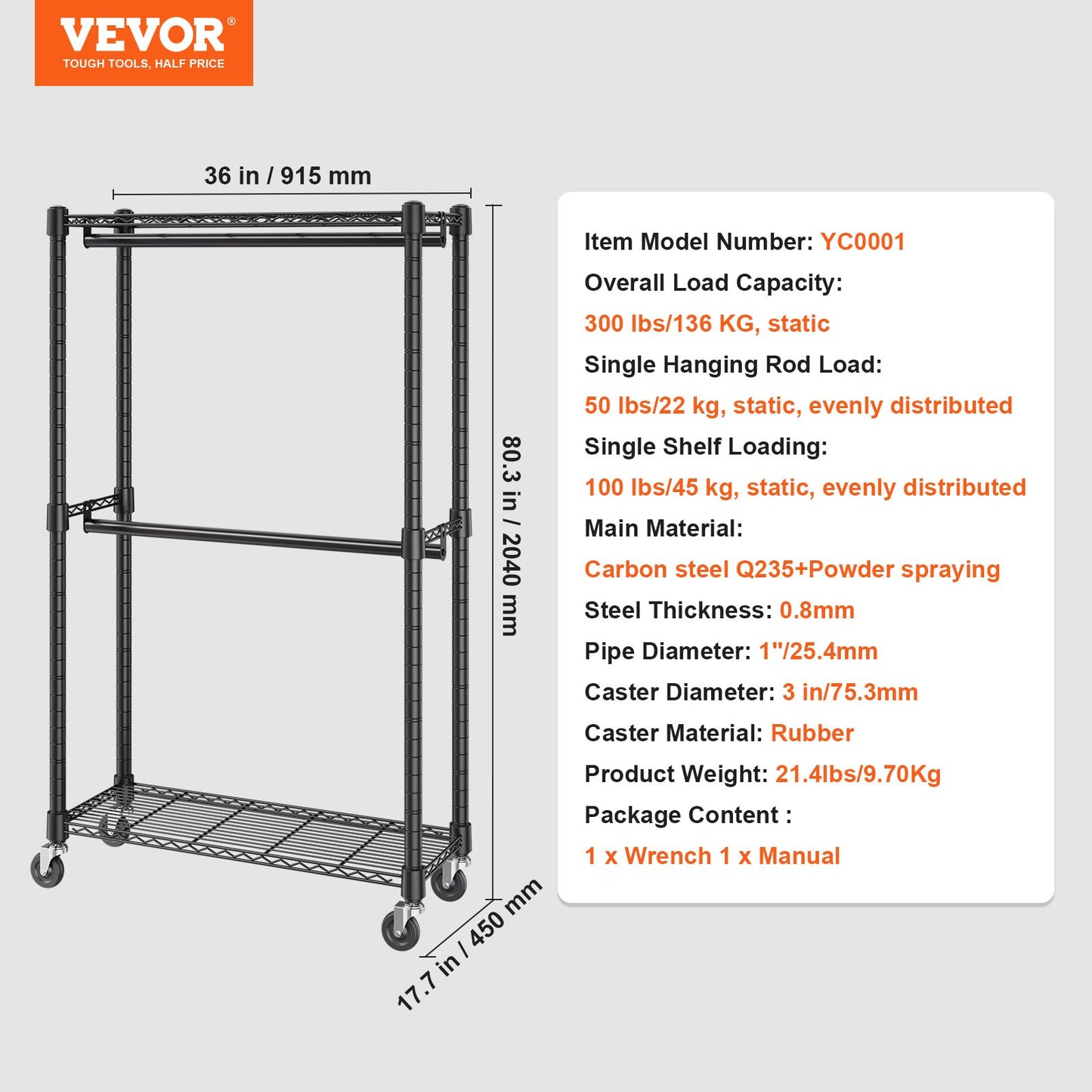 Heavy Duty Clothes Rack, Double Hanging Rods Clothing Garment Rack with Bottom and Top Storage Tier, Rolling Clothing Rack for Hanging Clothes, 2.5cm Diameter Thicken Steel Tube Hold Up to 136.1kg