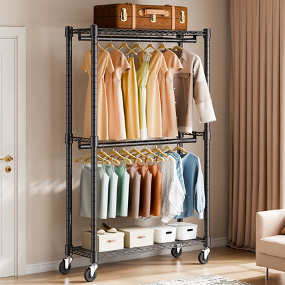 Heavy Duty Clothes Rack, Double Hanging Rods Clothing Garment Rack with Bottom and Top Storage Tier, Rolling Clothing Rack for Hanging Clothes, 2.5cm Diameter Thicken Steel Tube Hold Up to 136.1kg