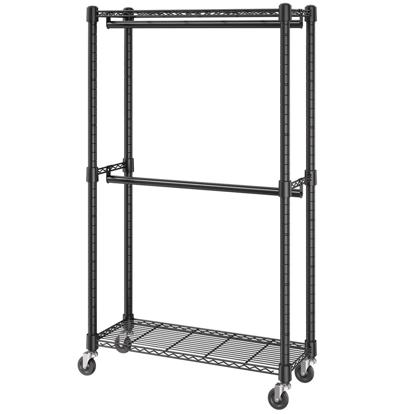 Heavy Duty Clothes Rack, Double Hanging Rods Clothing Garment Rack with Bottom and Top Storage Tier, Rolling Clothing Rack for Hanging Clothes, 2.5cm Diameter Thicken Steel Tube Hold Up to 136.1kg